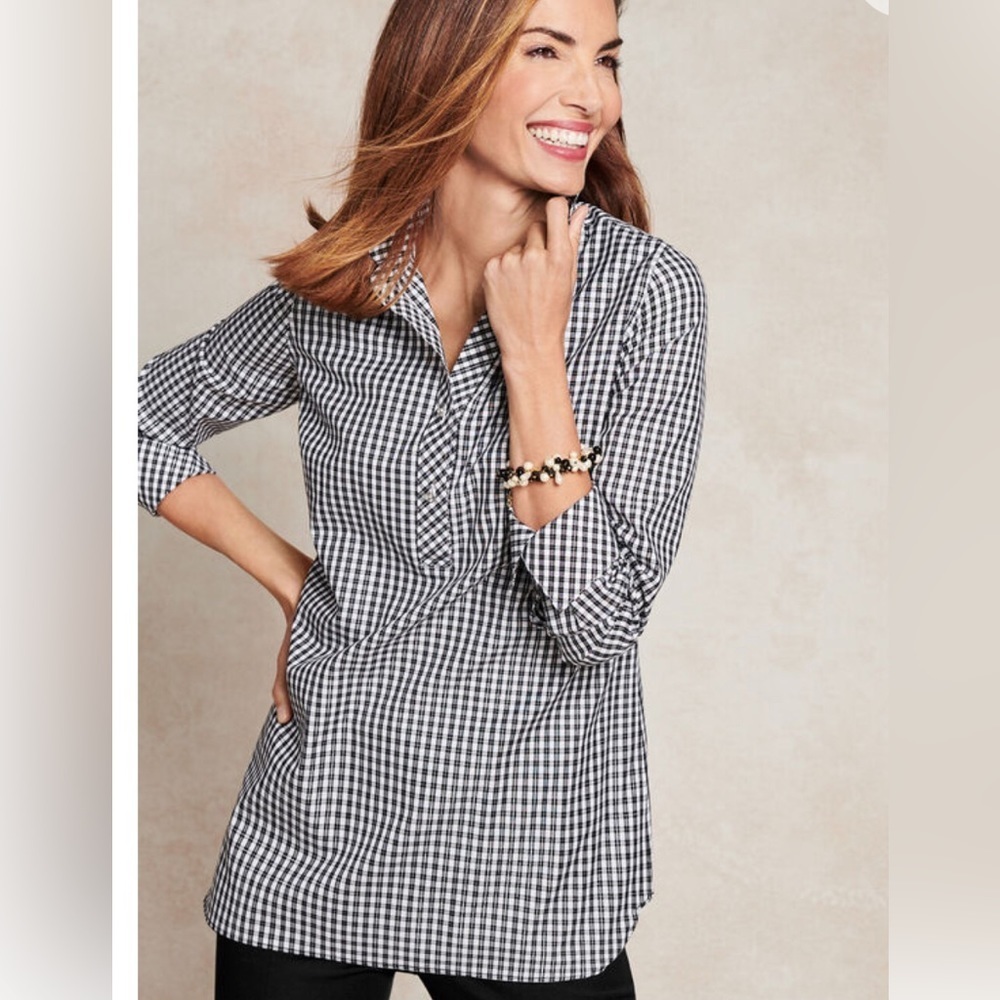 NWOT Talbots Perfect Popover Black and White Checkered Tunic Blouse 2P